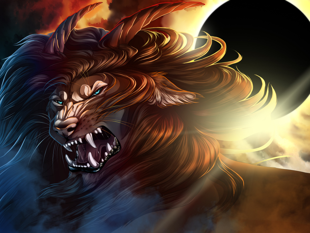Грозный лев с рогами на фоне черной луны, фэнтези
