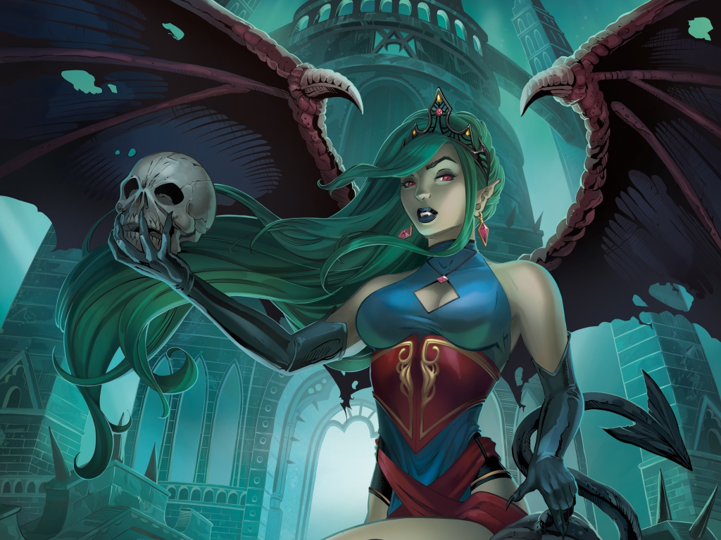 Девушка вампир с черепом в руке, фэнтези