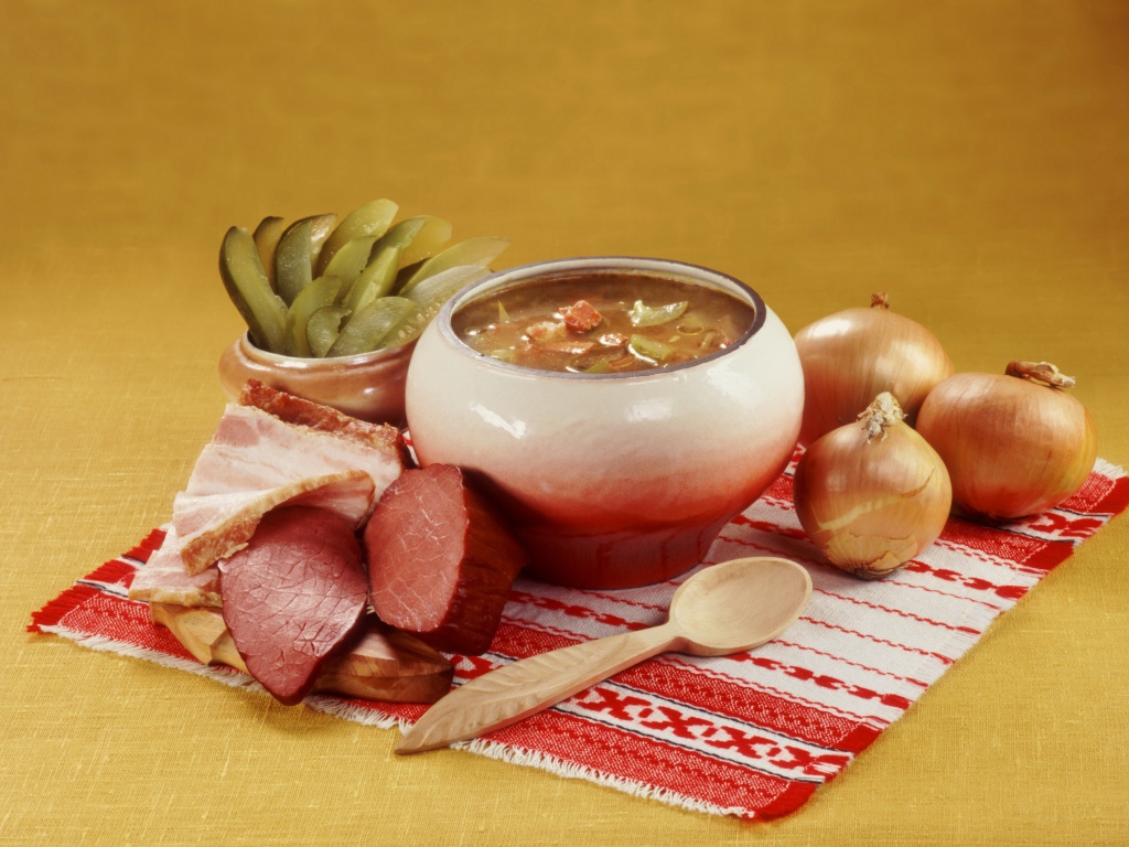 Borscht on the table with meat, pickles and onions