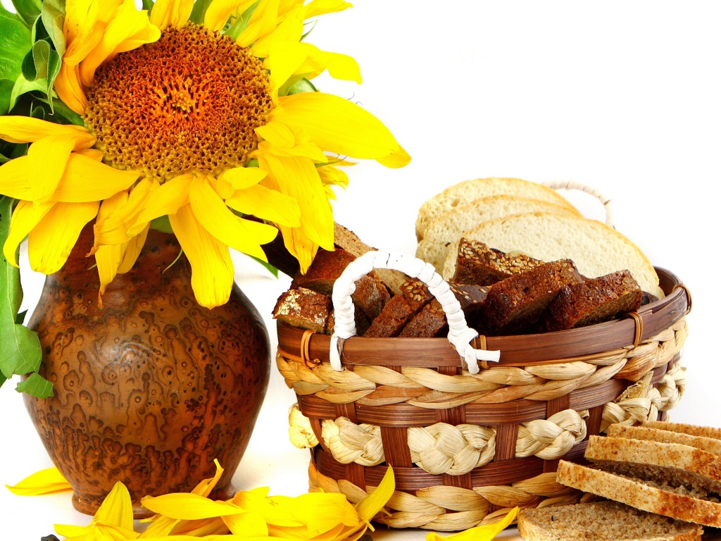 Цветок подсолнуха в кувшине на столе с корзиной с хлебом на белом фоне