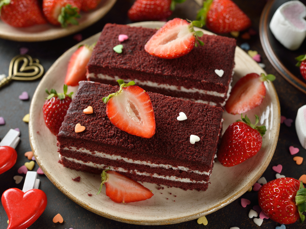 Пирожное с ягодами клубники на столе 