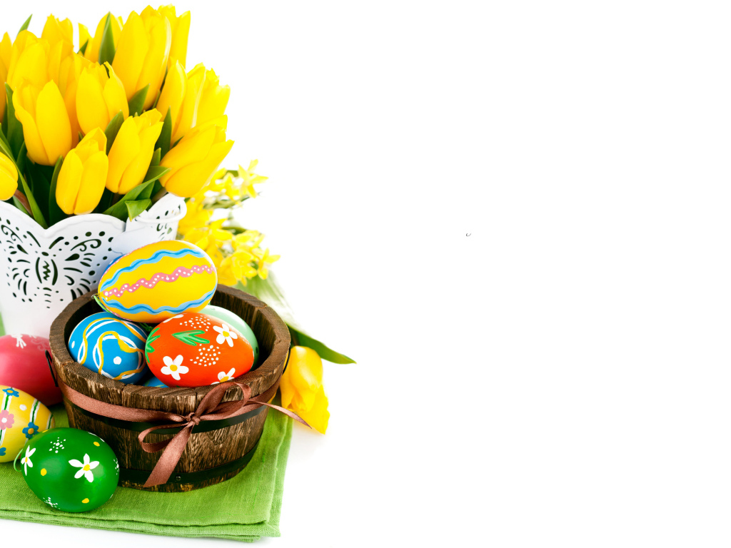 Easter eggs and a bouquet of yellow tulips, a template for a card for Easter