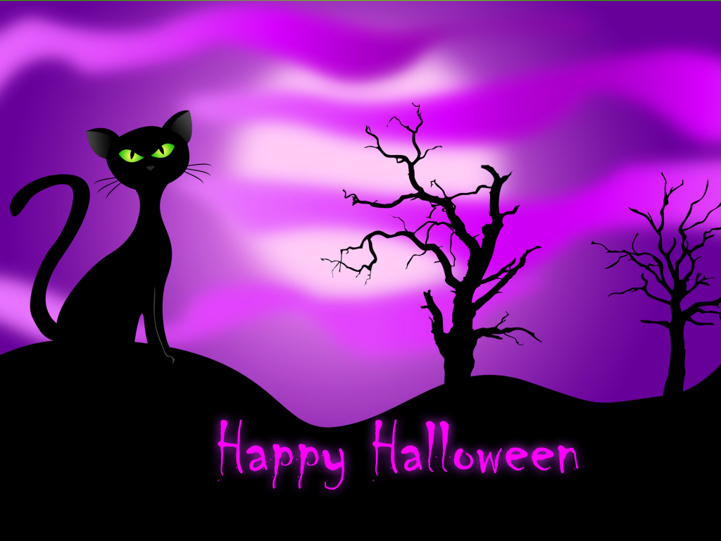 Черный кот на фиолетовом фоне на праздник Хэллоуин