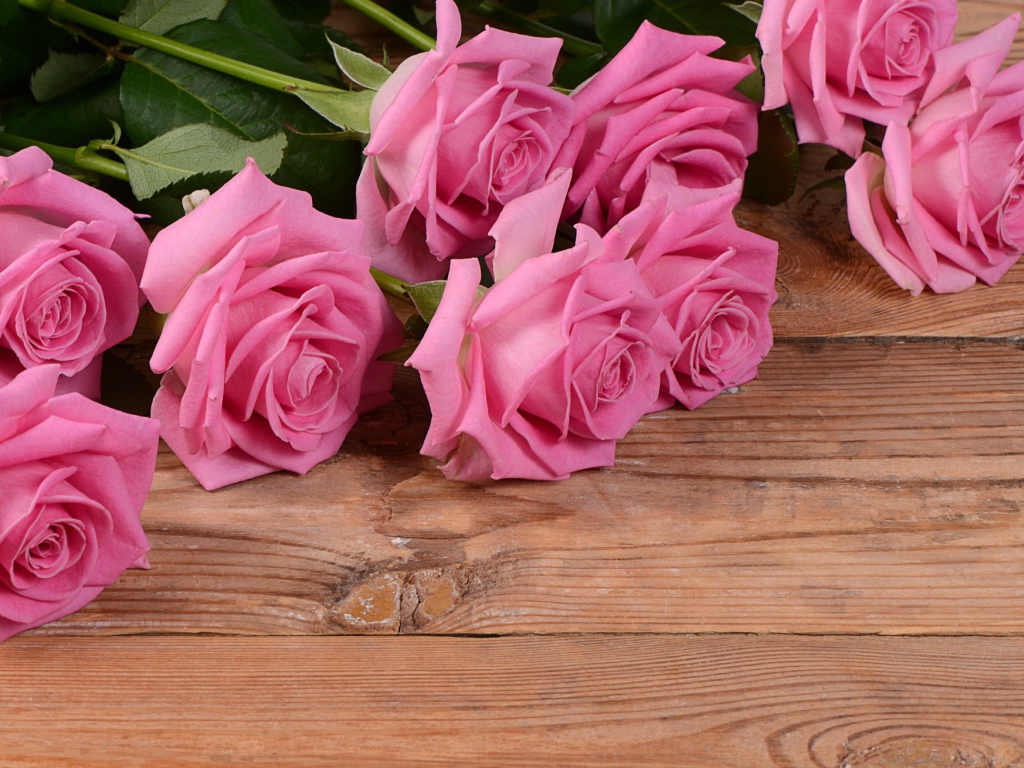 Букет красивых розовых роз на деревянном фоне, подарок на 8 марта