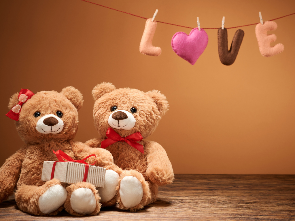 Два медвежонка Тедди с подарком на День Святого Валентина 