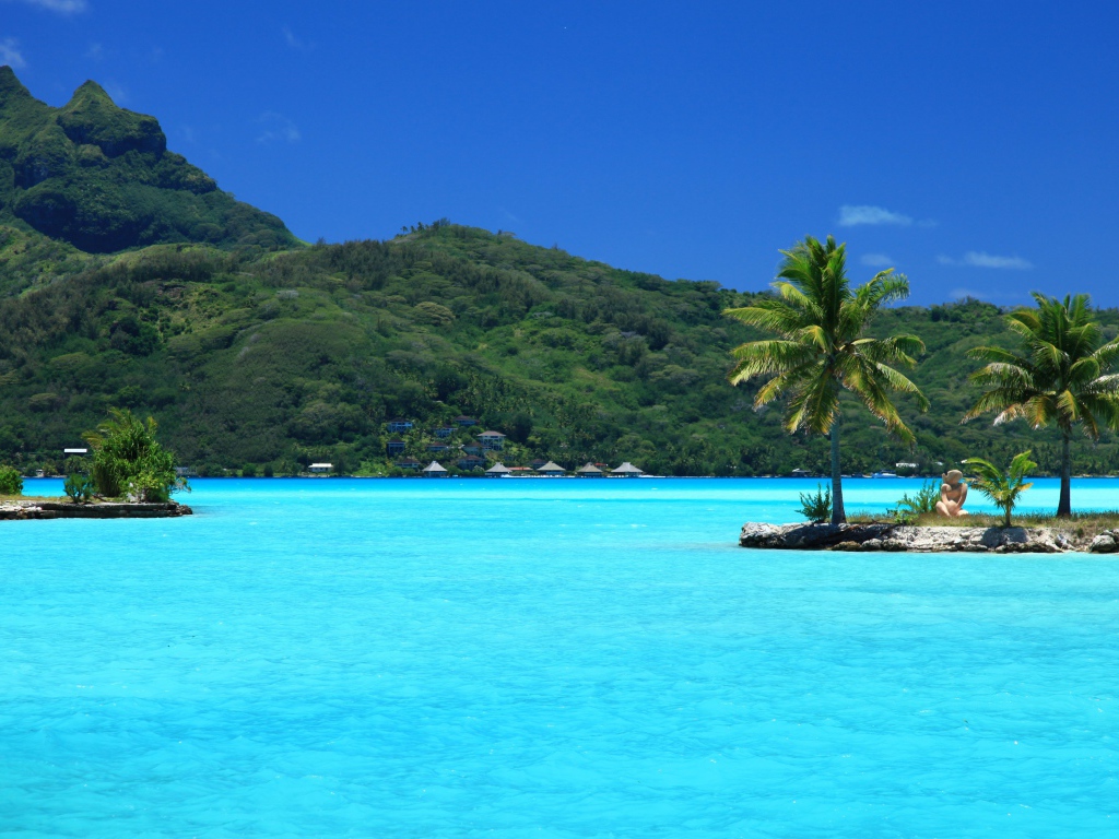 Small islets with palm trees in the blue ocean