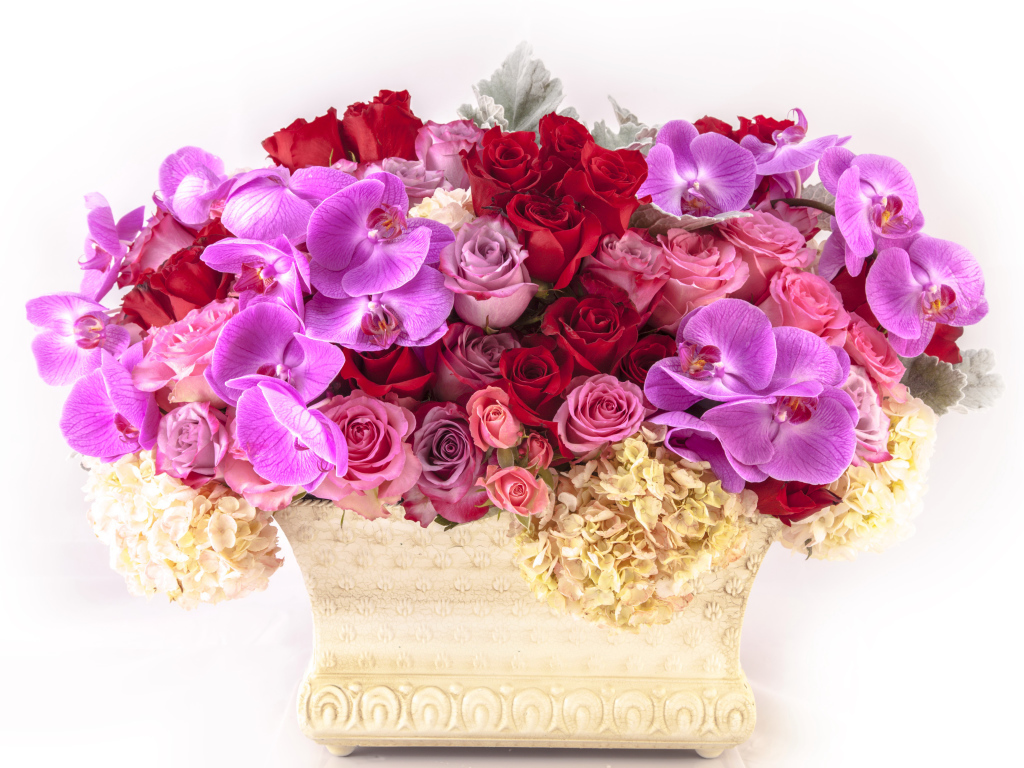 Корзина с цветами гортензии, розы и орхидеи на белом фоне