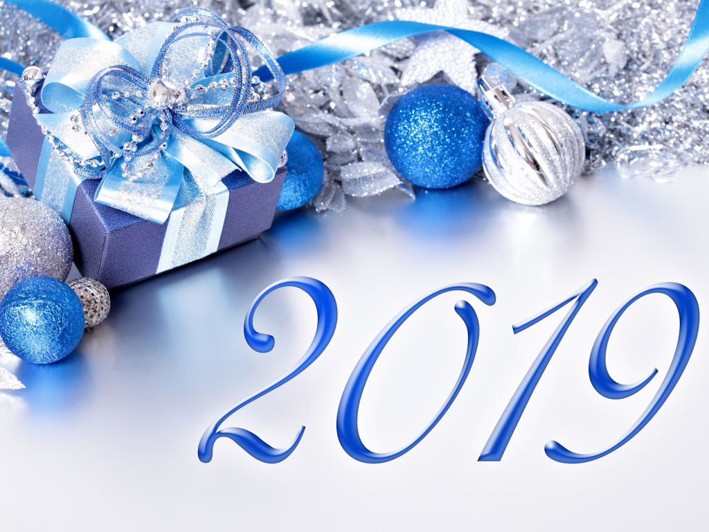 Blue numbers 2019 on a gray background with Christmas toys for the New Year of the pig 2019