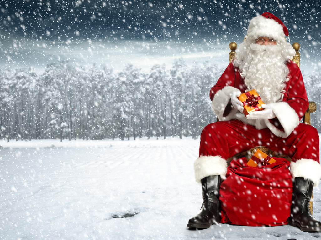 Jolly Santa Claus is sitting on a bag in a snowy forest