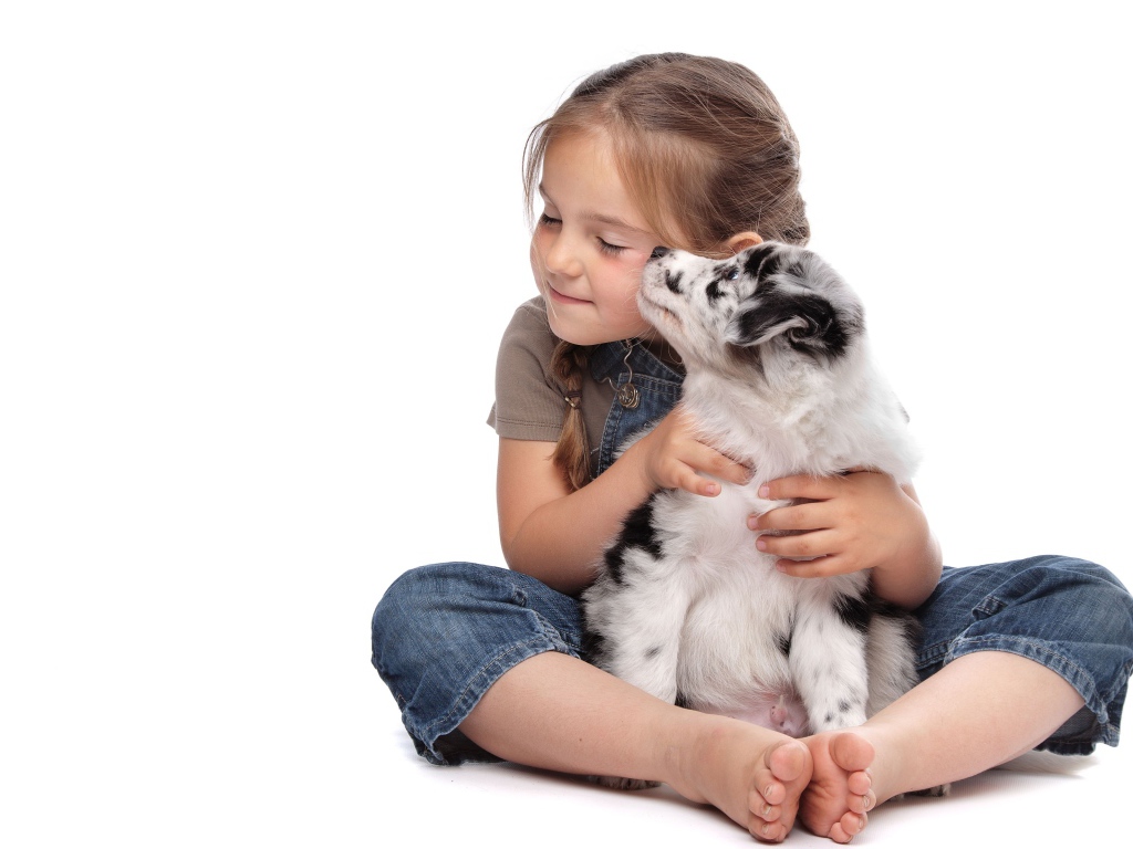 Маленькая девочка обнимает щенка на белом фоне