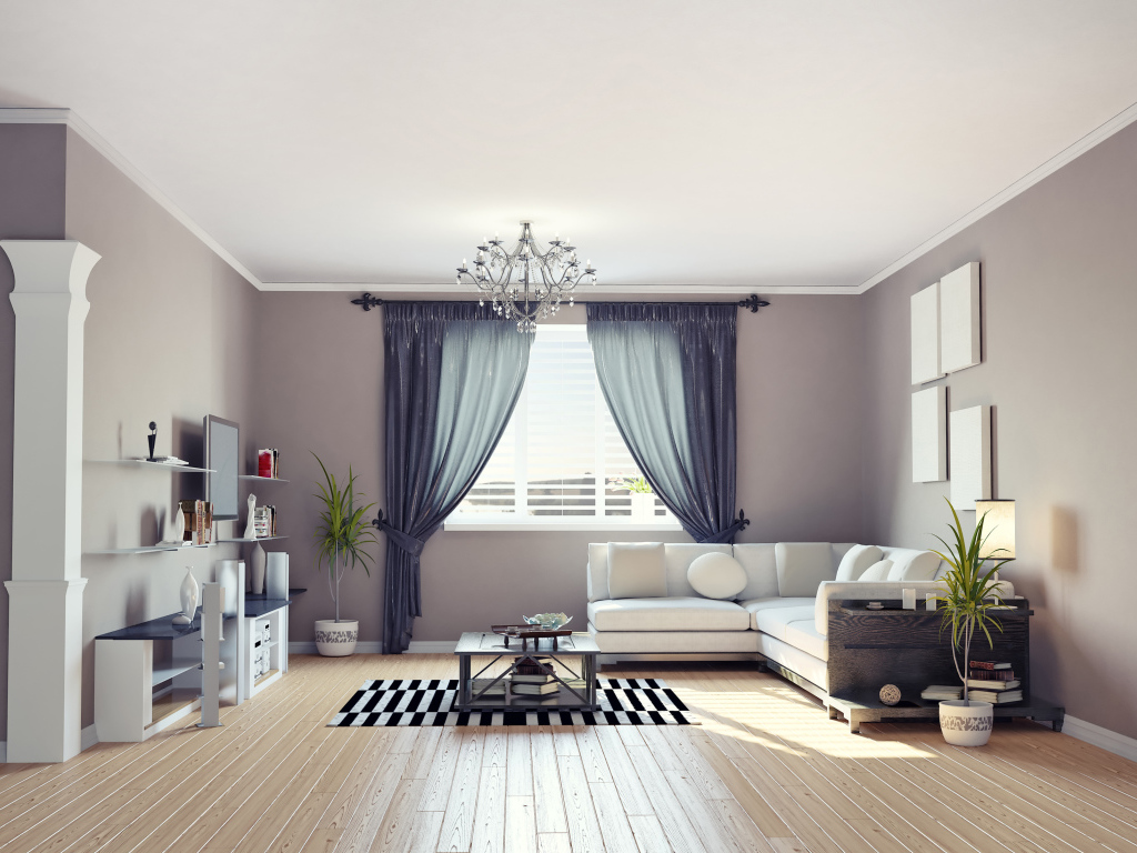 Гостиная комната в серых тонах с диваном