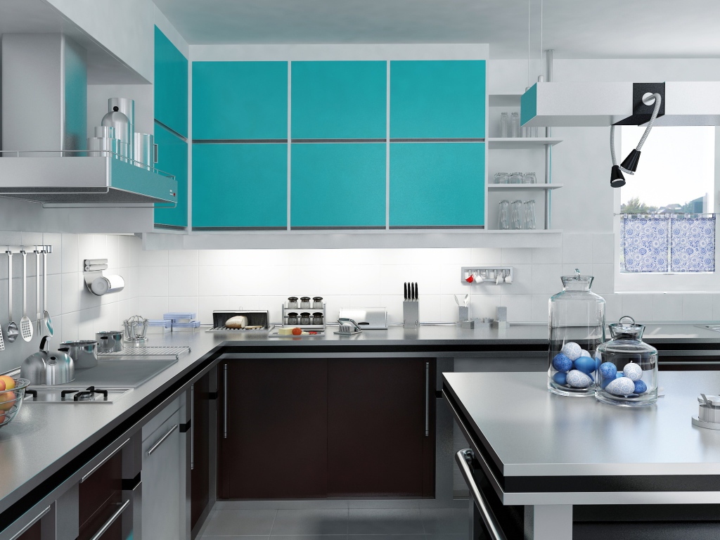 Стильная кухня сером и голубом цвете