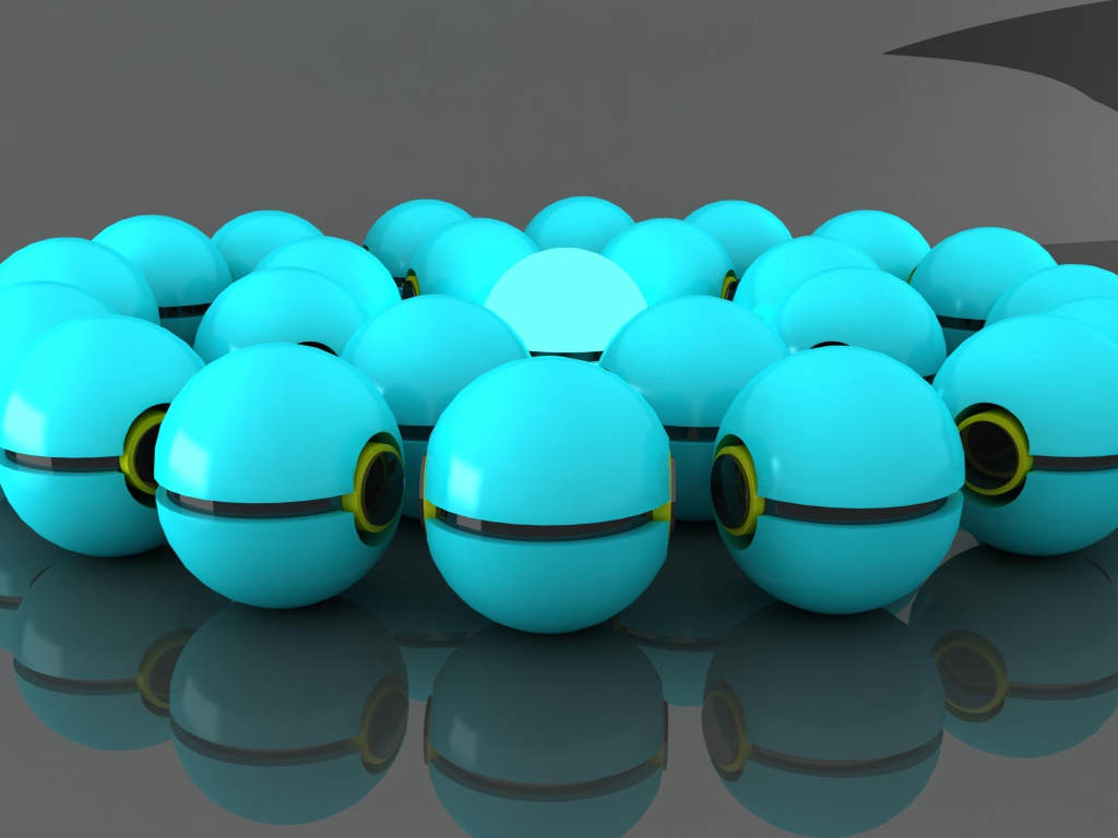 Много голубых шаров отражаются в сером поверхности 