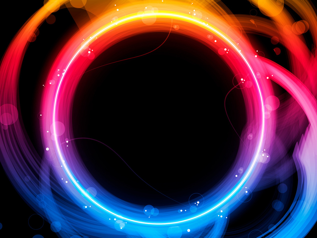 Разноцветные неоновые круги с бликами на черном фоне