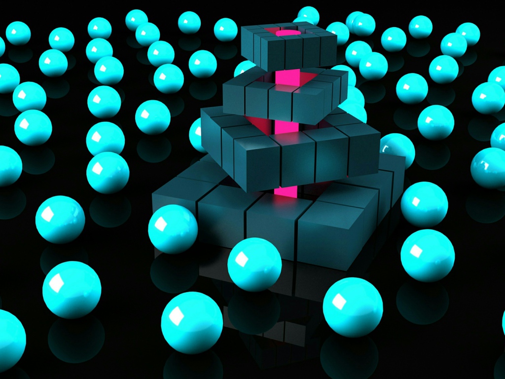Бирюзовые шары и черные кубы на черном фоне 3д графика