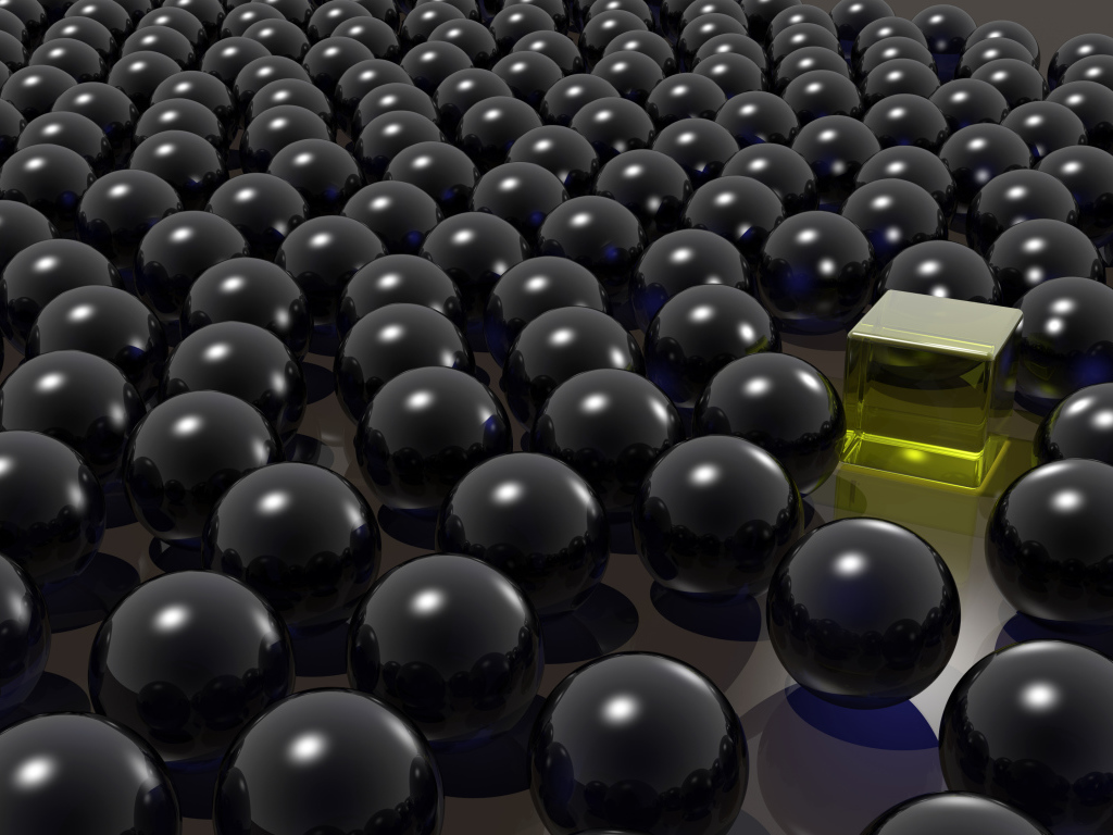 Желтый куб среди черных шаров 3д графика