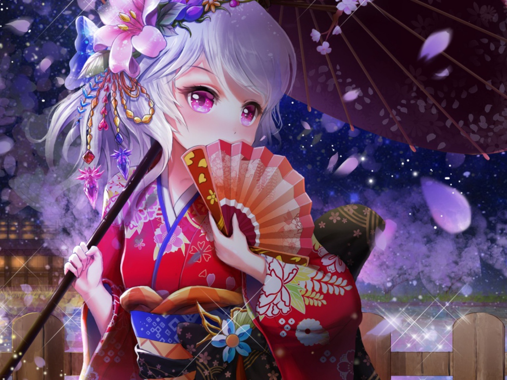 Девушка аниме с веером и зонтом в руке