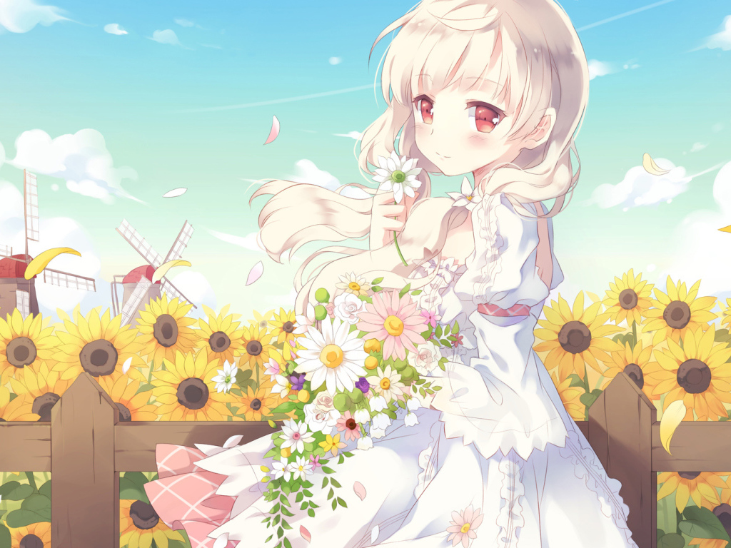 Красивая девушка аниме с букетом цветов в руках 