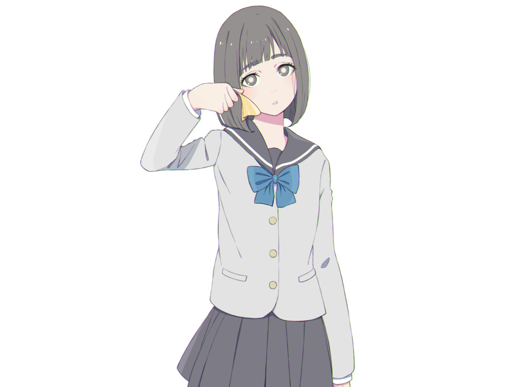 Грустная девушка аниме с форме на белом фоне