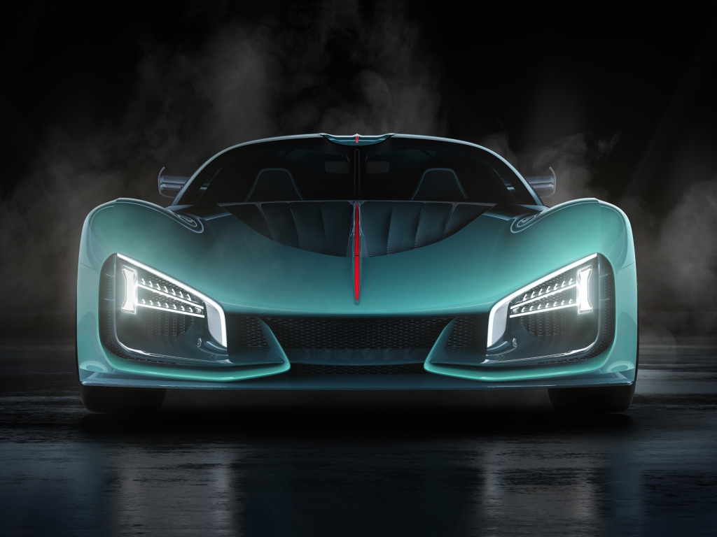 Голубой автомобиль Hongqi S9 2020 года в дыму