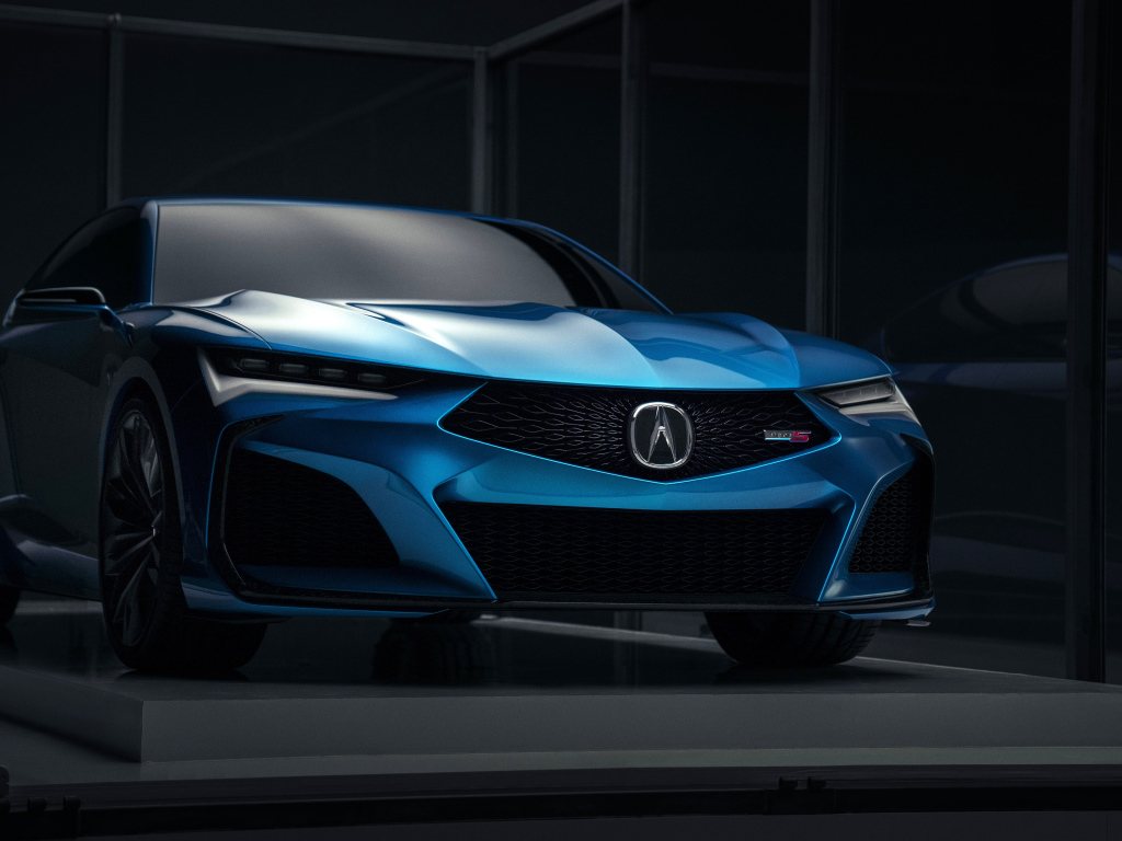 Синий автомобиль Acura Type S Concept 2019 года на презентации