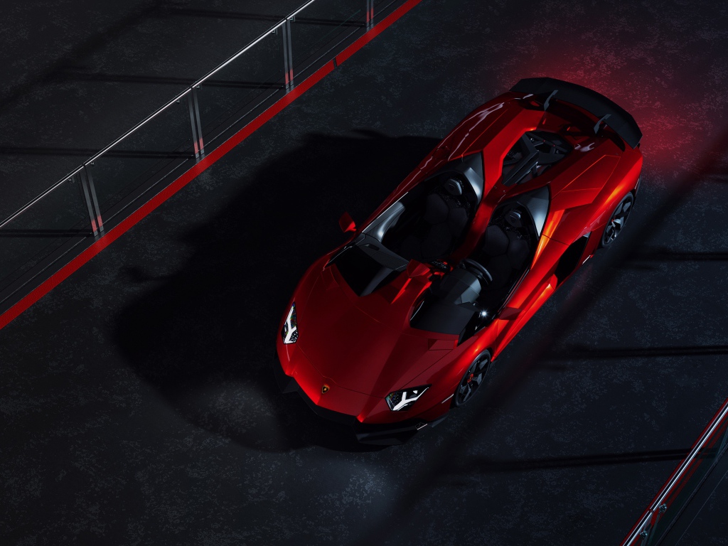 Красный спортивный автомобиль Lamborghini Aventador J CGI вид сверху