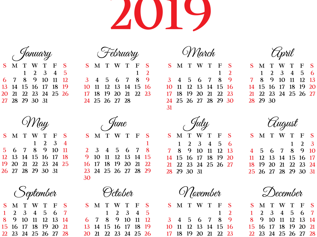Календарь на 2019 года на белом фоне