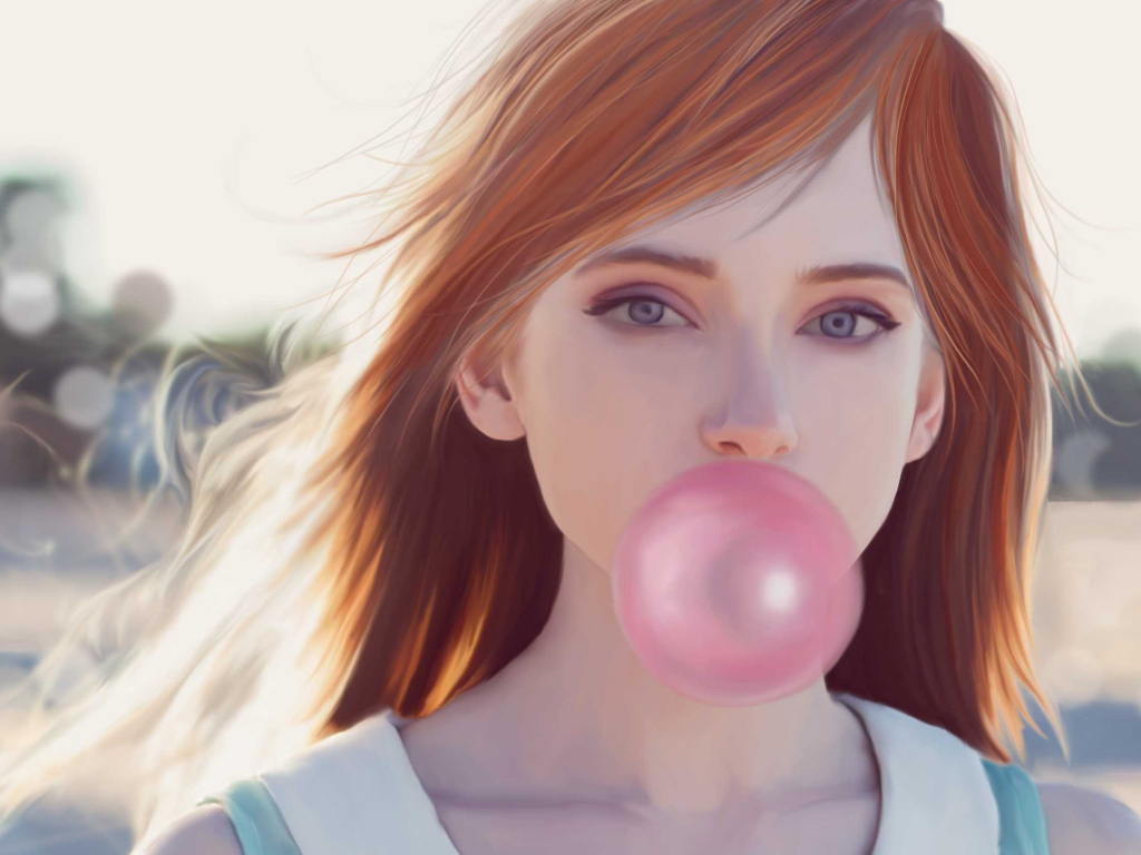 Нарисованная девушка с жвачкой во рту