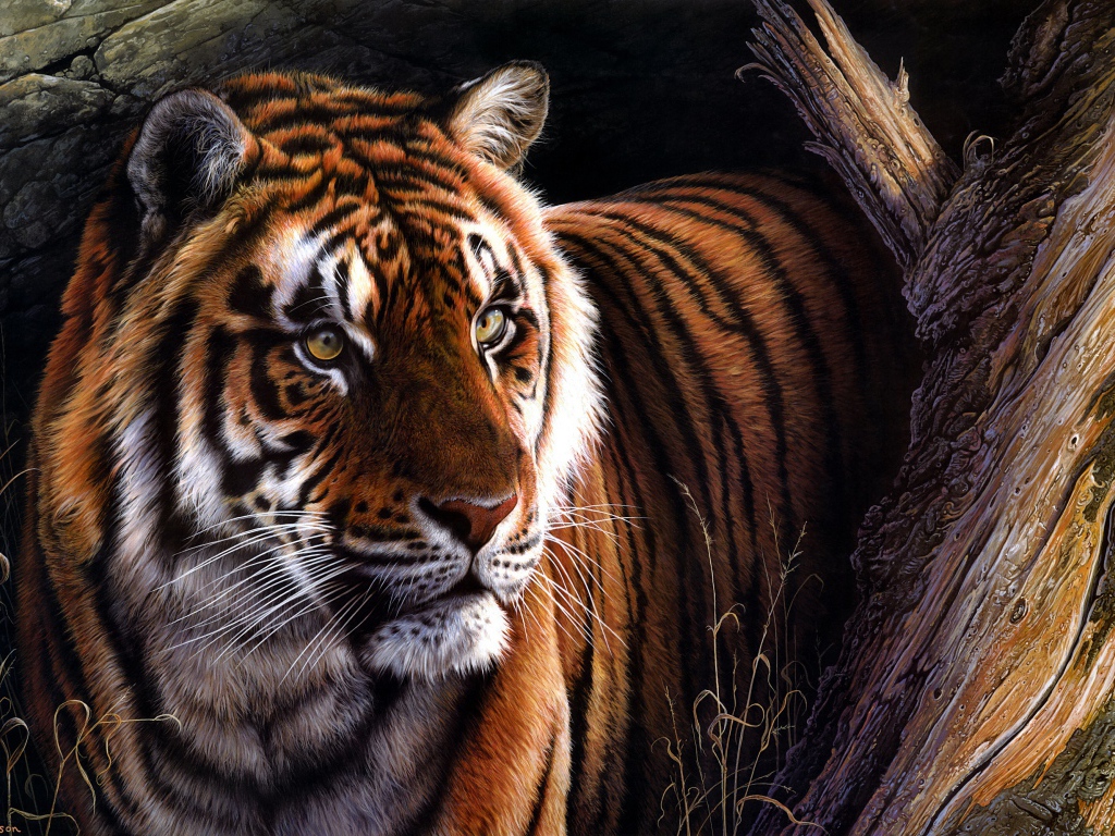 Нарисованный тигр у дерева