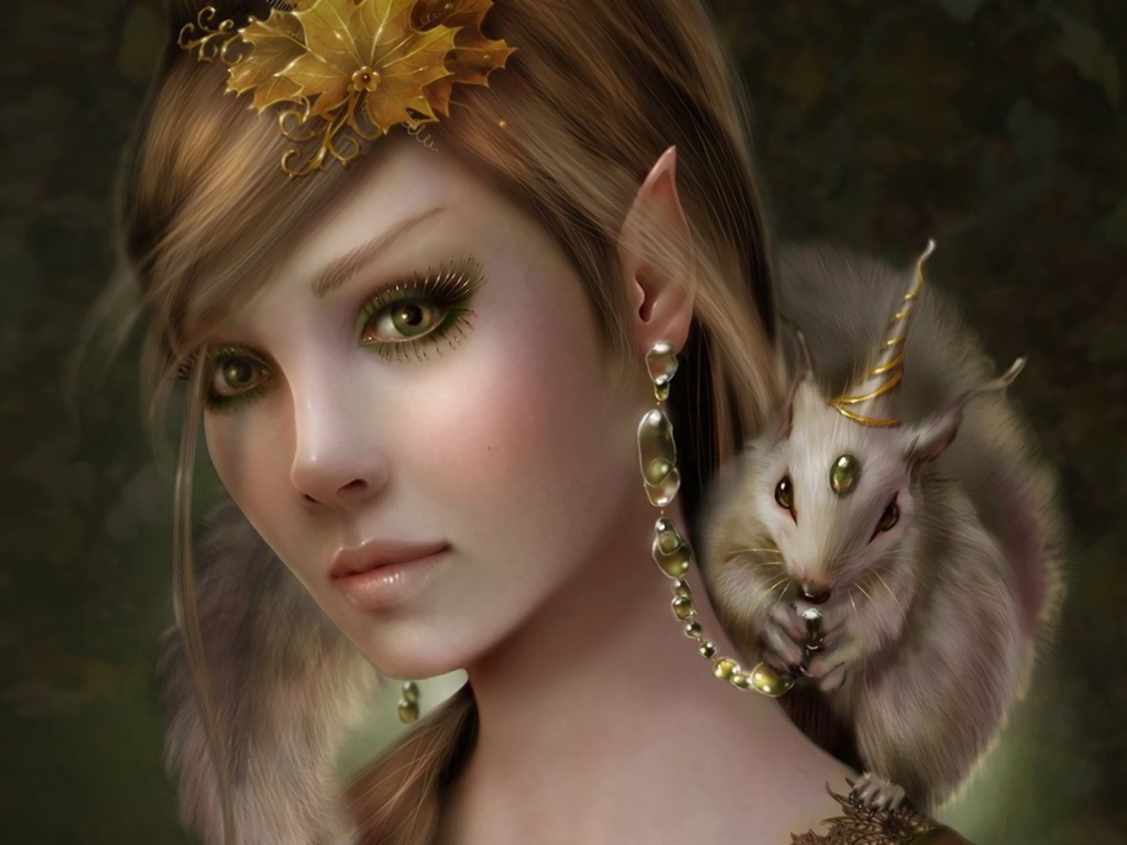 Красивая фантастическая девушка с животным на плече