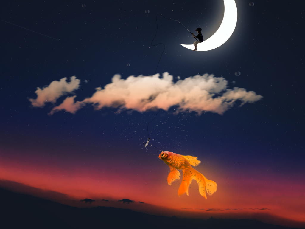 Мальчик на месяце ловит золотую рыбку фэнтези