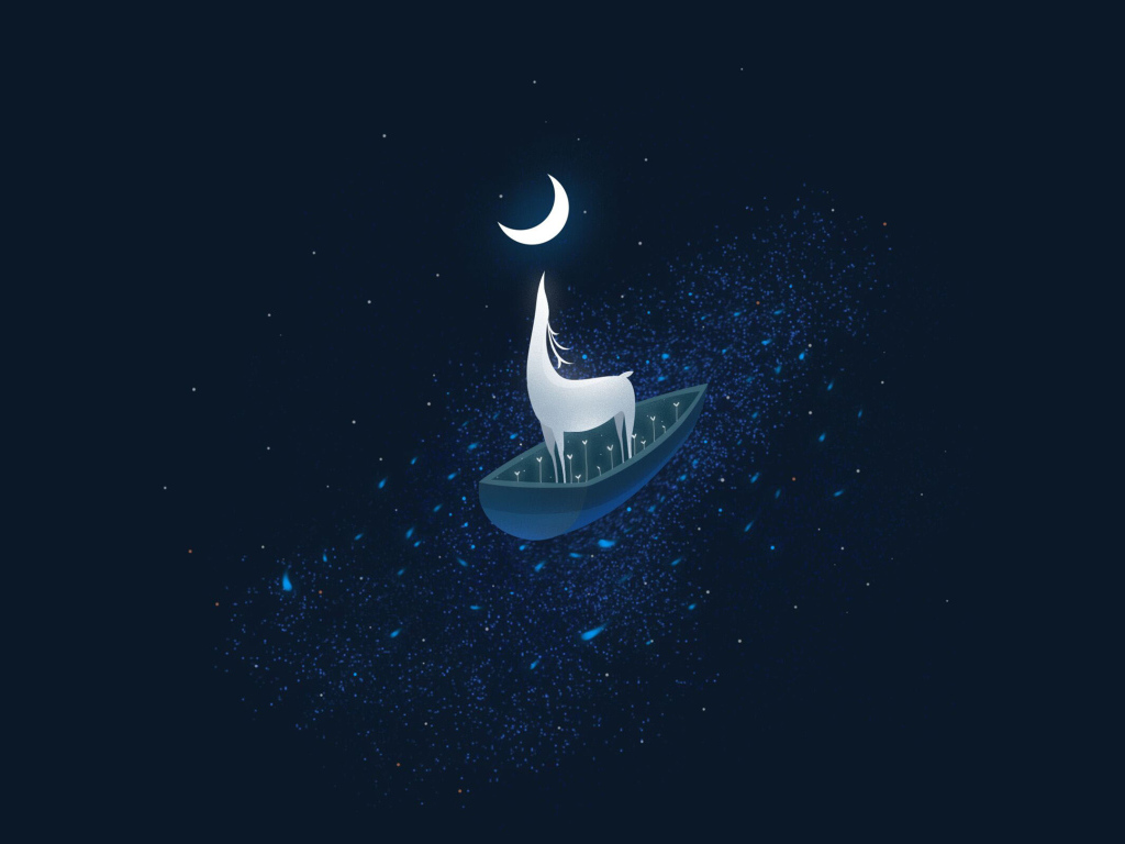 Фантастический олень на лодке у месяца на синем фоне