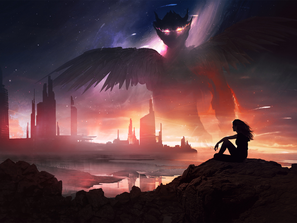 Девушка на камне на фоне фантастического дракона в небе 