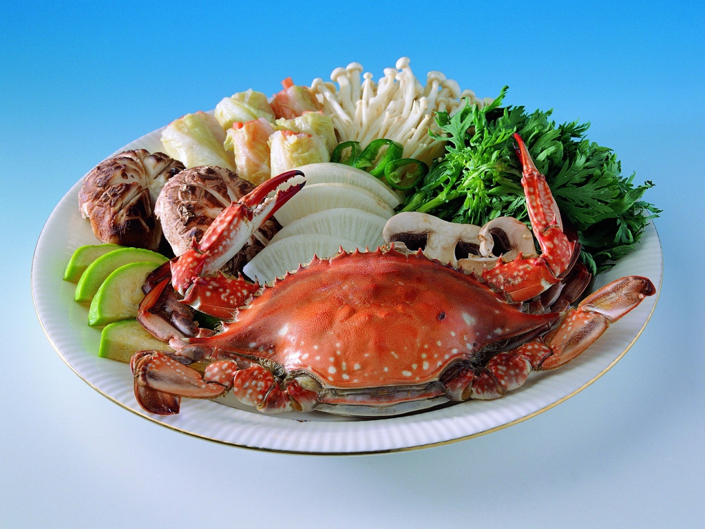 Морепродукты на тарелке с зеленью на голубом фоне