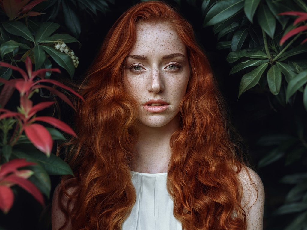 Рыжеволосая девушка с веснушками на лице на фоне кустов 