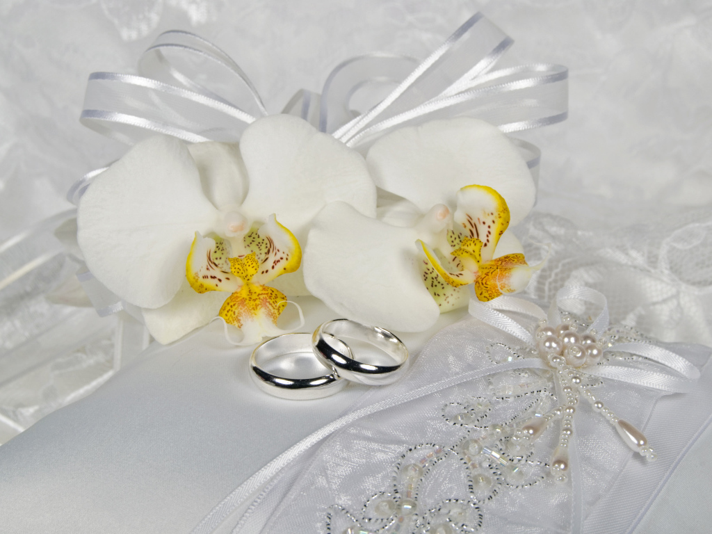 Два серебряных обручальных кольца с белыми цветами орхидеи