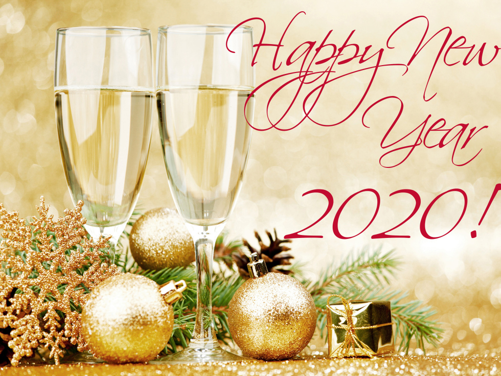 Два бокала шампанского и елочные шары, открытка на новый год 2020 