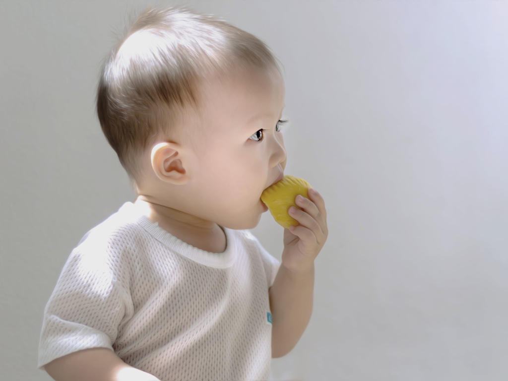 Маленький ребенок грызет игрушку на сером фоне