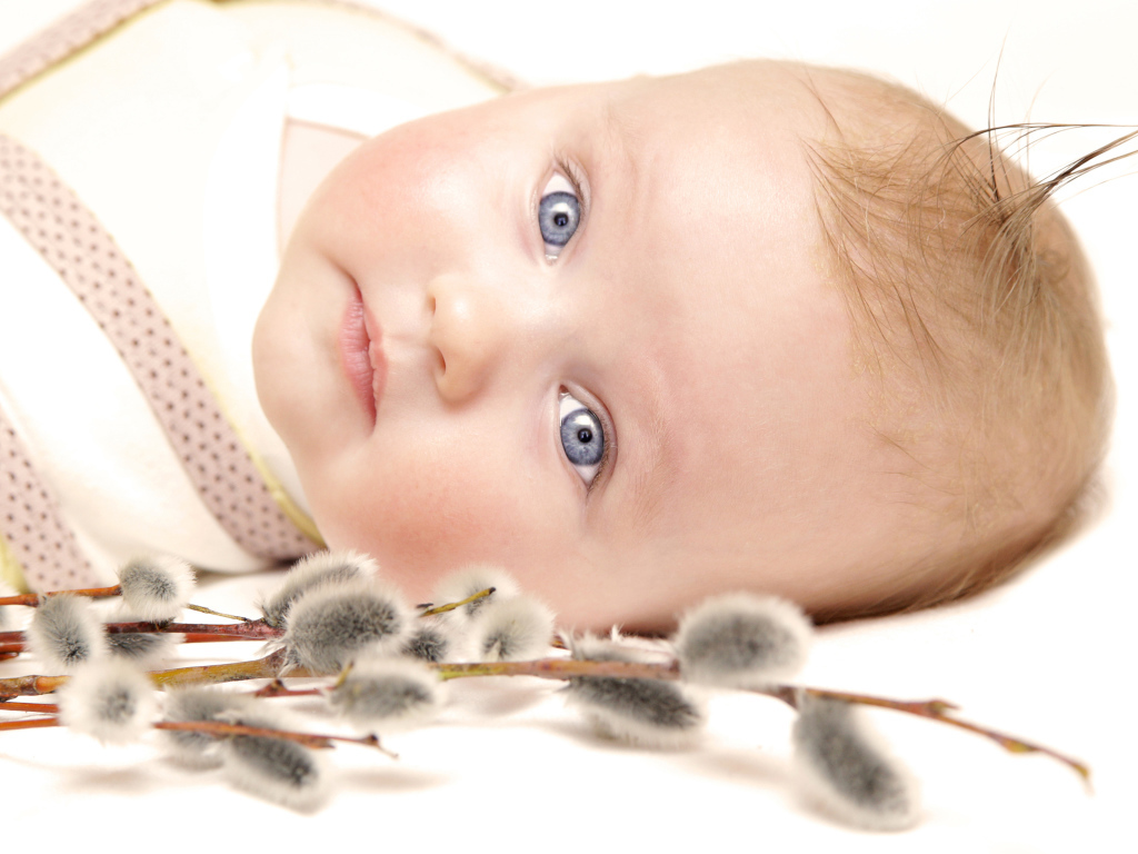 Маленький голубоглазый ребенок с веткой вербы