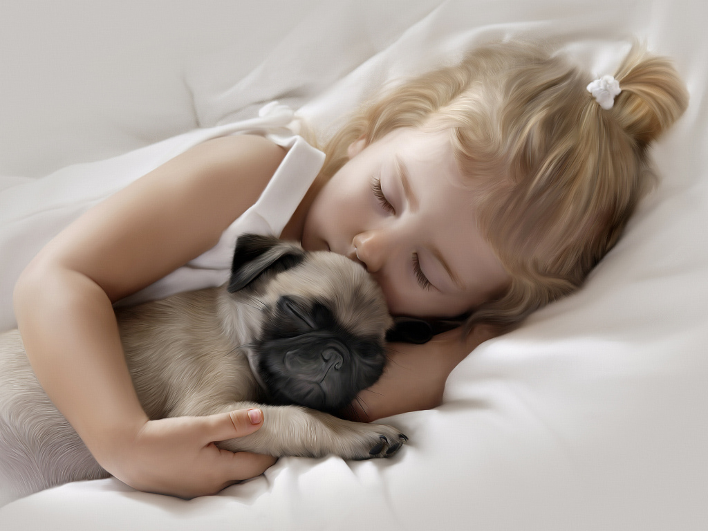 Маленькая милая девочка спит со щенком мопса