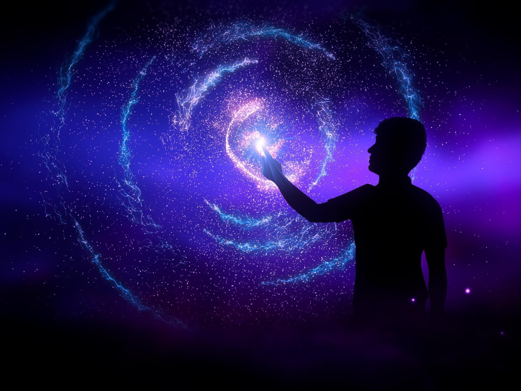 Мужчина прикасается в звездной галактике
