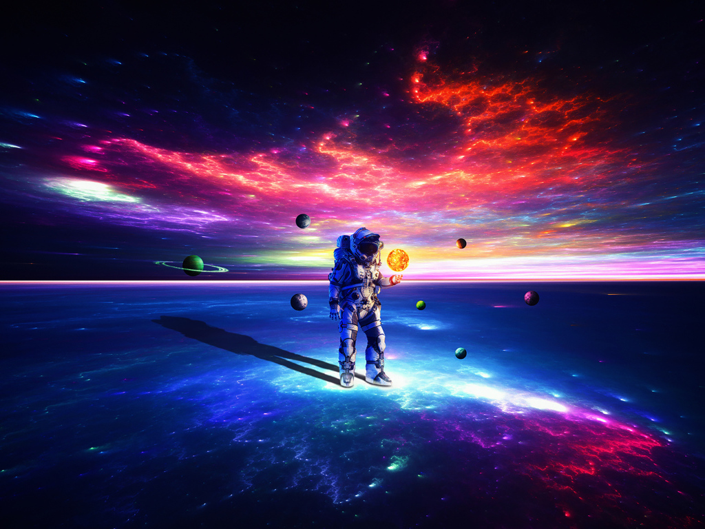 Астронавт на поверхности земли с планетами