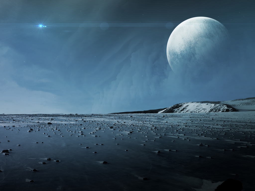 Вид на большую белую луну с поверхности планеты