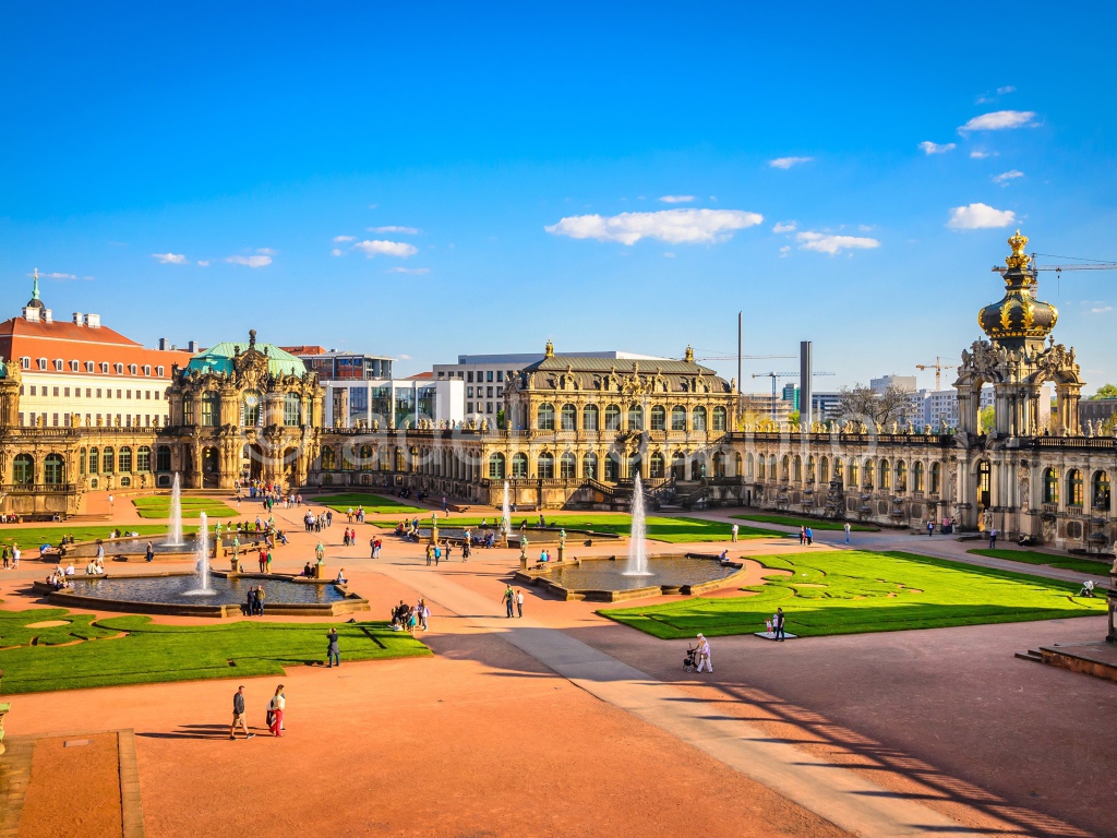 View of the palace and park complex Zwinger under the blue sky, Dresden. Germany