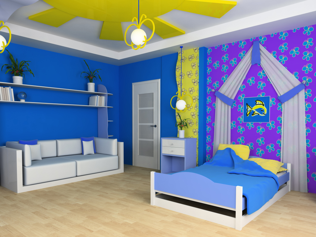 Красивая детская комната с кроватью и диваном с яркими синими стенами
