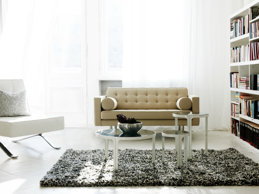 Светлая гостиная с книжным шкафом, диваном и креслом