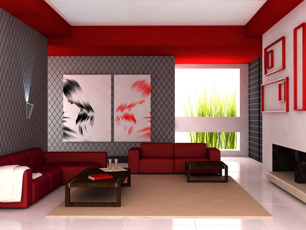 Living room design with red leather sofas