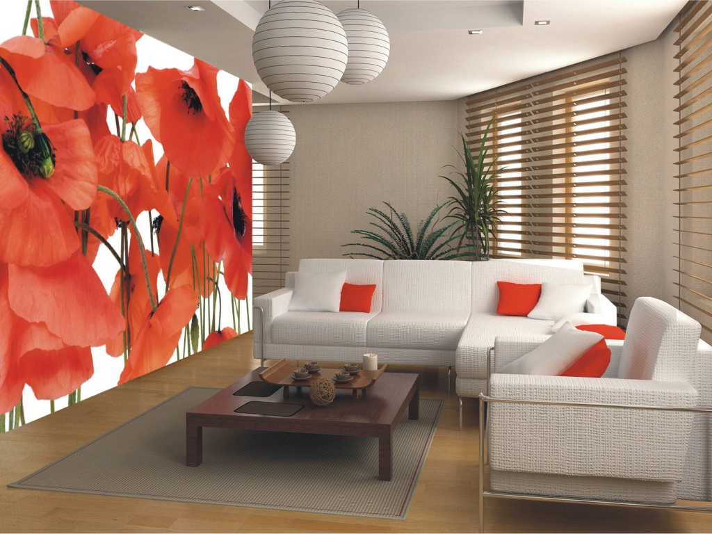 Гостиная комната с диваном и картиной с маками на стене 