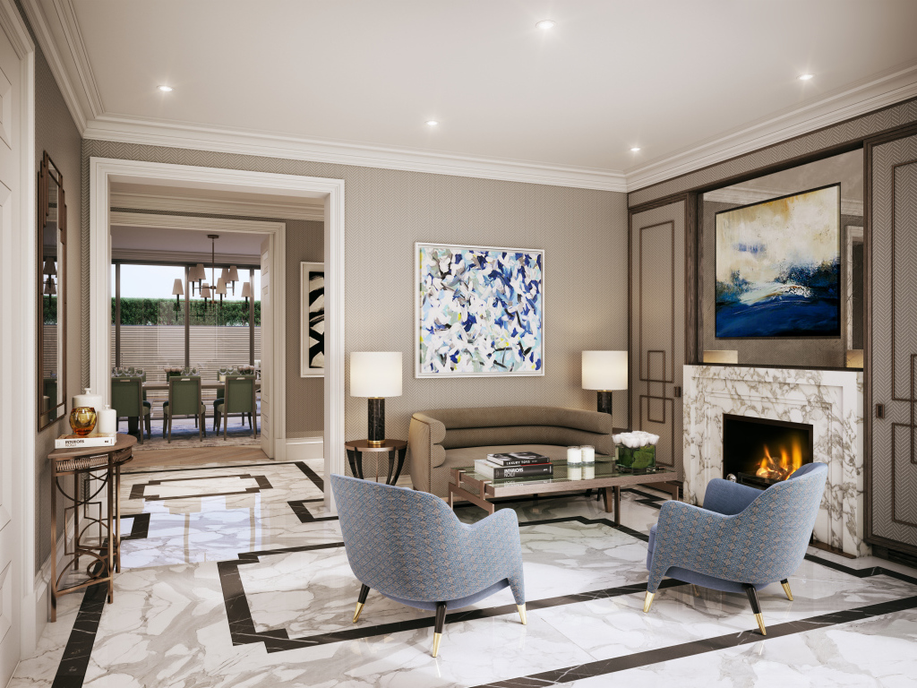 Гостиная с камином  и большой картиной на стене