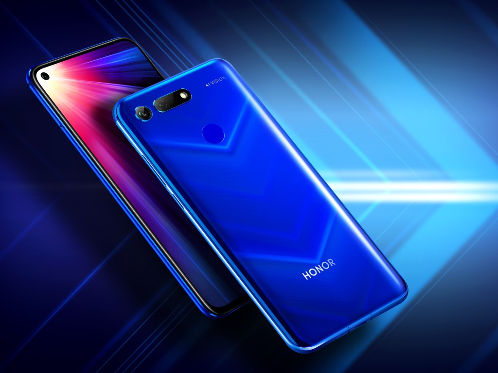 Стильные смартфоны Honor View 20 на синем неоновом фоне